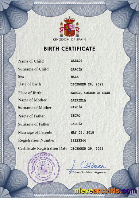 Spain vital record birth certificate